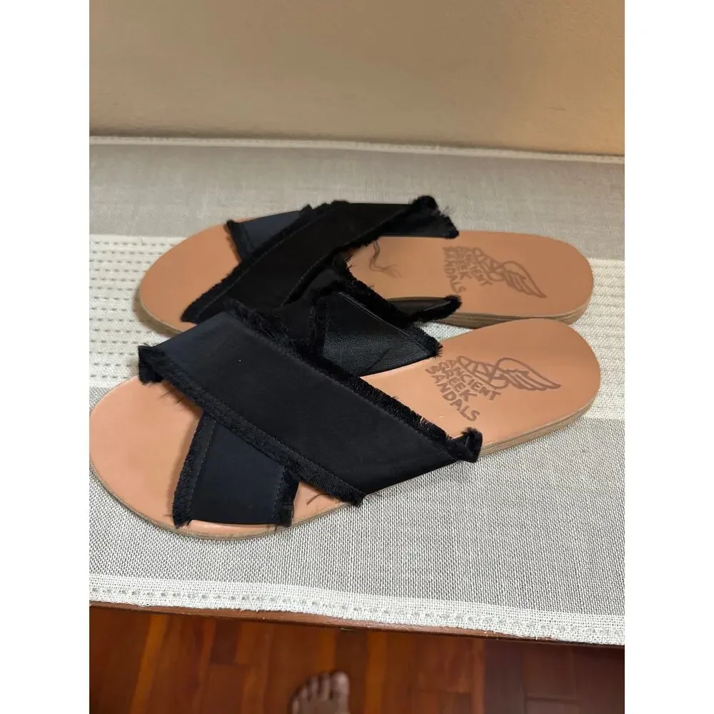ANCIENT GRREK SANDALS Thais Black Frayed Silk Size 39 US 8-8.5